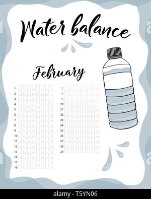 Water consumption per week and month February. Water balance vector calendar. Water monthly tracker. Stock Vector
