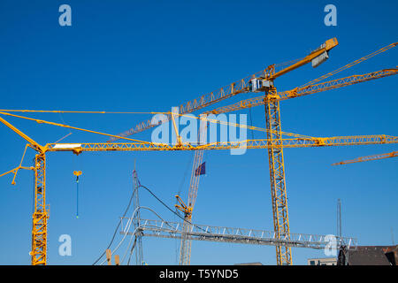 Lots of yellow cranes against a deep blue sky. Almost abstract composition with copy space Stock Photo