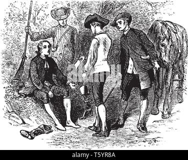 One soldier sitting on rock and removing shoes and three soldiers standing around him, vintage line drawing or engraving illustration Stock Vector