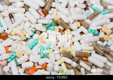 A large amount of drugs - medication in pills, capsules and tablet form Stock Photo