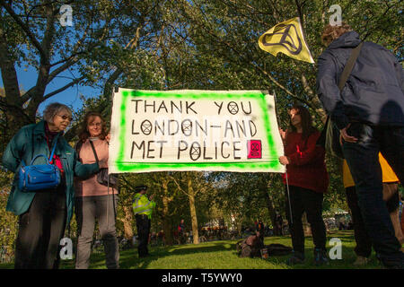 A sign at the Closing Ceremony of the Extinction Rebellion demonstration on April 25th 2019 at Marble Arch, London, thanking the Metropolitan Police