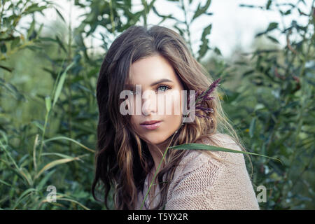 Attractive woman in summer grass Stock Photo