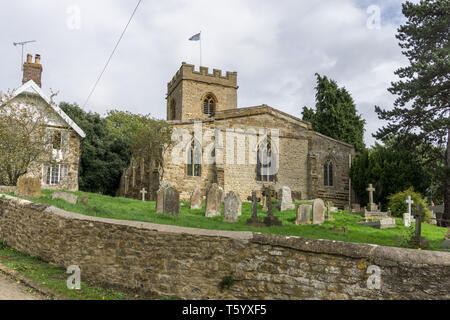 The parish church of St Mary and St Peter in the village of Weedon Lois, Northamptonshire, UK; the earliest parts date from 1100. Stock Photo