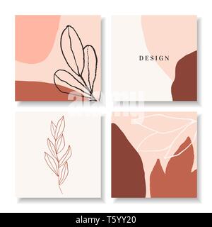A set of four square design templates with abstract shapes, botanical illustrations and sample text. Trendy and feminine vector illustrations, social  Stock Vector