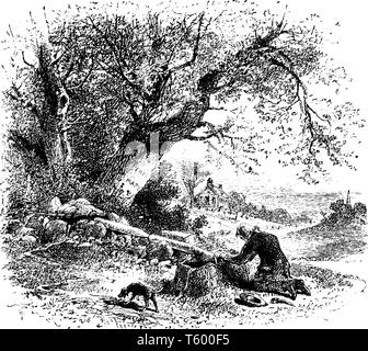 A man kneeling near a tree stump and dog standing near him, hat and stick on ground, vintage line drawing or engraving illustration Stock Vector