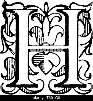 A decorative and floral capital letter H, vintage line drawing or engraving illustration Stock Vector