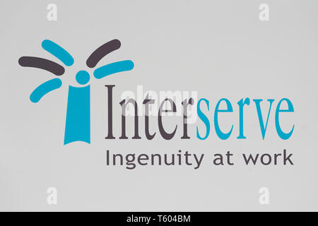 The logo of Interserve construction company, seen on a sign outside the company's office in Castleford, West Yorkshire (Editorial use only). Stock Photo