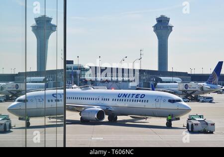 CHICAGO, IL -25 APR 2019- View of an airplane from United Airlines (UA) at the Chicago O'Hare International Airport (ORD). Stock Photo