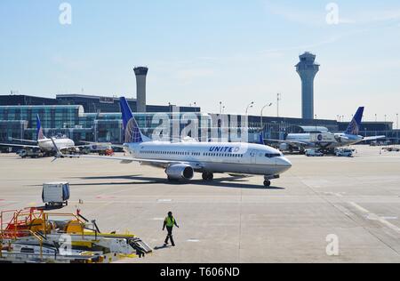 CHICAGO, IL -25 APR 2019- View of an airplane from United Airlines (UA) at the Chicago O'Hare International Airport (ORD). Stock Photo