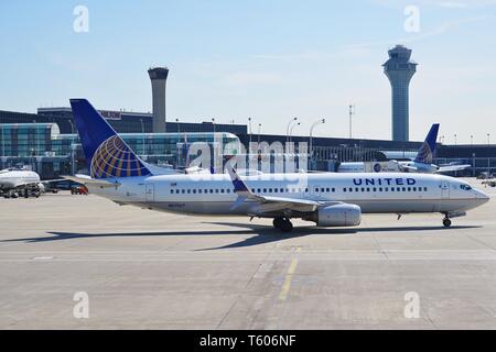 CHICAGO, IL -25 APR 2019- View of an airplane from United Airlines (UA) at the Chicago O'Hare International Airport (ORD). Stock Photo