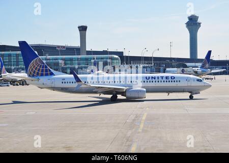 CHICAGO, IL -25 APR 2019- View of an airplane from United Airlines (UA) at the Chicago O'Hare International Airport (ORD). Stock Photo