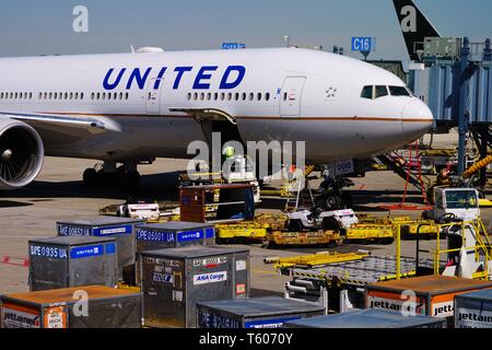 CHICAGO, IL -25 APR 2019- View of an airplane from United Airlines (UA) at the Chicago O'Hare International Airport (ORD). Stock Photo