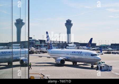 CHICAGO, IL -25 APR 2019- View of an airplane from United Airlines (UA) at the Chicago O'Hare International Airport (ORD). Stock Photo