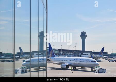 CHICAGO, IL -25 APR 2019- View of an airplane from United Airlines (UA) at the Chicago O'Hare International Airport (ORD). Stock Photo