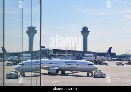 CHICAGO, IL -25 APR 2019- View of an airplane from United Airlines (UA) at the Chicago O'Hare International Airport (ORD). Stock Photo