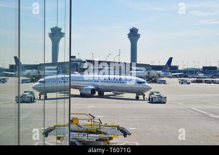 CHICAGO, IL -25 APR 2019- View of an airplane from United Airlines (UA) at the Chicago O'Hare International Airport (ORD). Stock Photo