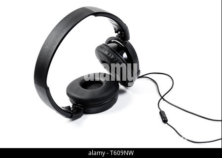 wired black headphone isolated over white background Stock Photo