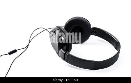 wired black headphone isolated over white background Stock Photo