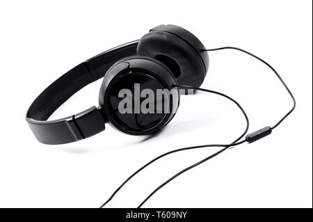 wired black headphone isolated over white background Stock Photo