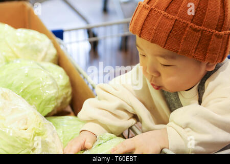 Asian adorable baby choosing cabbage in shopping cart - trolley Stock Photo