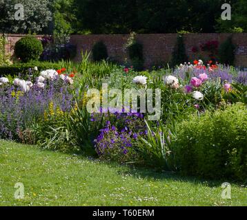 English cottage garden with lawn in foreground, lush flower bed and wall in background with copy space - image Stock Photo