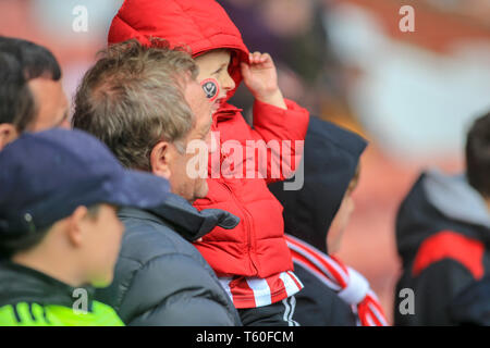 27th April 2019, Bramall Lane, Sheffield, England; Sky Bet Championship, Sheffield United vs Ipswich Town ;   Young Blades fan watching on    Credit: Craig Milner/News Images  English Football League images are subject to DataCo Licence Stock Photo