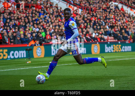 27th April 2019, Bramall Lane, Sheffield, England; Sky Bet Championship, Sheffield United vs Ipswich Town ;   Toto Nsiala (22) of Ipswich with the ball    Credit: Craig Milner/News Images  English Football League images are subject to DataCo Licence Stock Photo