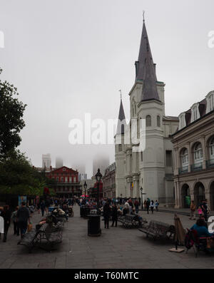 New Orleans, Louisiana, USA - 2019: St. Louis Cathedral on a foggy day, located in the French Quarter district, is the oldest in the USA. Stock Photo