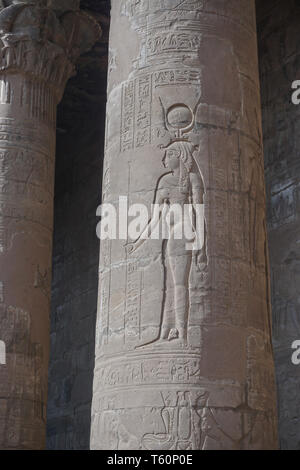 Edfu, Egypt: Detail of columns in the courtyard of the temple of Edfu, the largest temple dedicated to Horus and Hathor of Dendera. Stock Photo