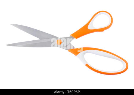 Tailor scissors with colored plastic handles isolated on white Stock Photo