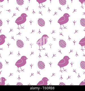 Seamless pattern with chicken, traces of chicken, decorated eggs. Happy Easter. Festive background. Design for banner, poster or print. Stock Vector