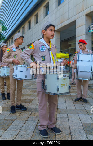 Haifa, Israel - April 27, 2019: Scouts take part in a Holy Saturday parade, part of Orthodox Easter celebration in Haifa, Israel Stock Photo