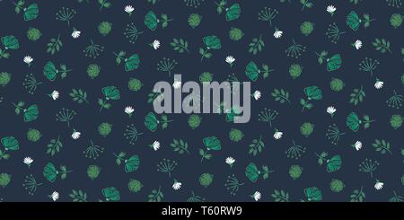 Seamless floral dark blue vector pattern hand drawn retro style. Stock Vector