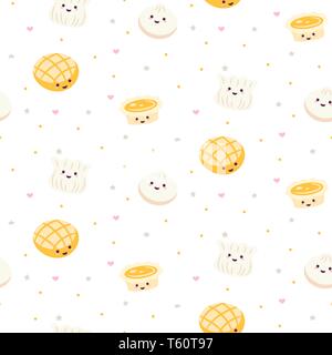 Chinese cuisine cartoon style food pattern vector with egg tart and dim sum. Stock Vector