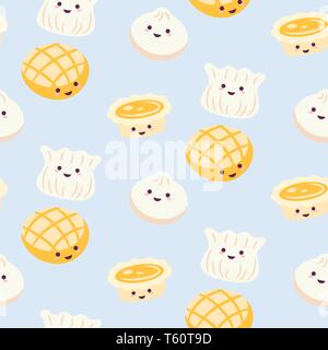 Chinese cuisine cartoon style food pattern vector with egg tart and dim sum light blue background. Stock Vector