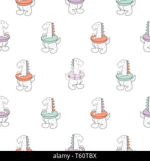Cute dinoasaur in a lifebuoy doodle style seamless pattern. Hand drawn baby pattern for clothes fabric and wallpaper. Stock Vector