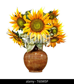 Bouquet of sunflowers in an old ceramic vase, isolated on white, summer decoration, countryside style, retro, vintage, 3d rendering, 3d illustration Stock Photo