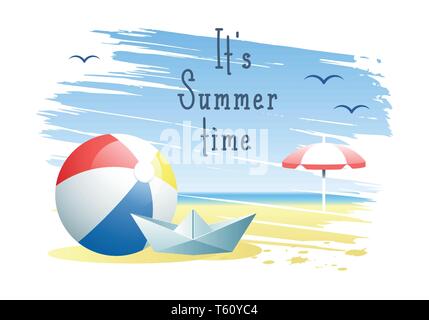 It's Summer Time. Beach ball with paper boat and beach umbrella on the sand beach background. Vector illustration. Stock Vector