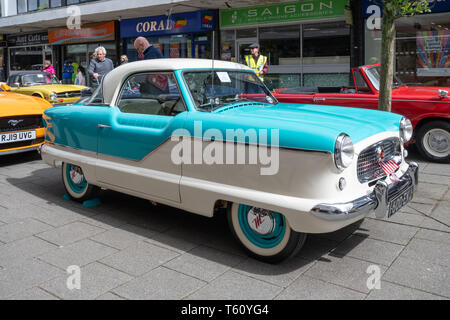 Blue and white 1958 Austin Nash Metropolitan vintage car at a classic motor vehicle show in the UK Stock Photo