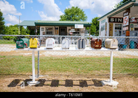 Rural community mailboxes on U.S Route 66 in Paris Junction, Missouri, USA Stock Photo