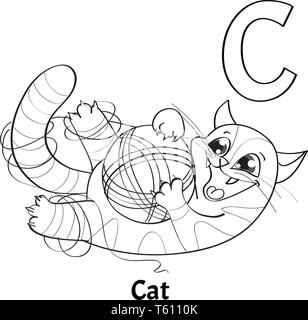 Vector alphabet letter C, coloring page. Cat Stock Vector