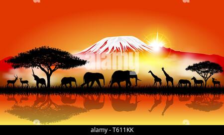 Silhouettes of wild animals of the African savanna. Stock Vector