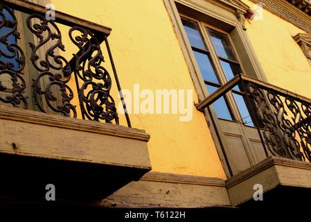 Lima, Peru - April 21, 2018: Architectural detail featuring balconies in central Lima Peru Stock Photo