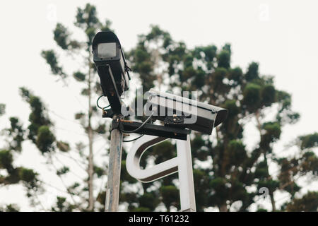 Close up of dome security camera (CCTV) installed on a post in a park for surveillance purpose Stock Photo