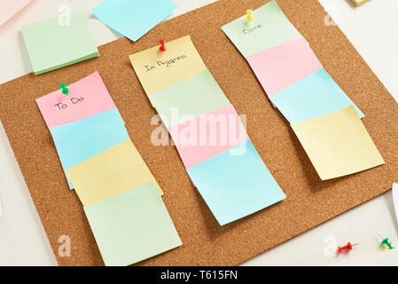 Colorful paper notes with words "To do", "In progress" and "Done" pinned on cork board Stock Photo