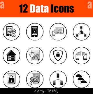 Set of 12  Data Icons. Thin Circle Design. Fully Editable Vector Illustration. Text Expanded. Stock Vector