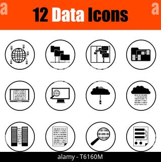 Set of 12  Data Icons. Thin Circle Design. Fully Editable Vector Illustration. Text Expanded. Stock Vector