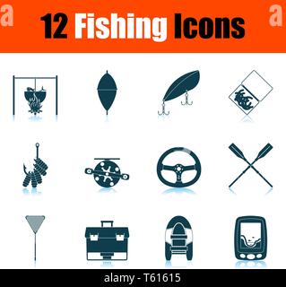Fishing Icon Set. Shadow Reflection Design. Vector Illustration. Stock Vector