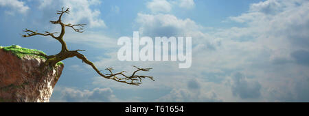 old tree growing on a rock, fairy tale landscape with empty space, fantasy 3d render background banner Stock Photo