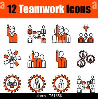 Set of 12 icons on Teamwork theme. Thin Line With Orange Design. Fully editable vector illustration. Text expanded. Stock Vector
